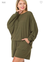 21 SET-G {The Good Life} Olive Long Sleeve Short Set PLUS SIZE 1X 2X 3x