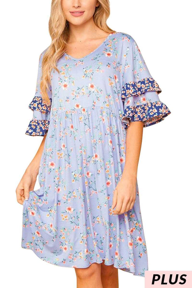 65 PSS-B {Paradise Found}  Blue Floral Print Dress PLUS SIZE 1X 2X 3X