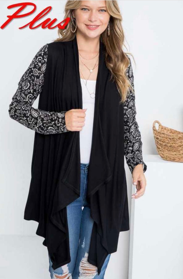 60 OR 26 OT-C {Hidden Agenda} Black Cardigan W/Printed Sleeves PLUS SIZE 1X 2X 3X