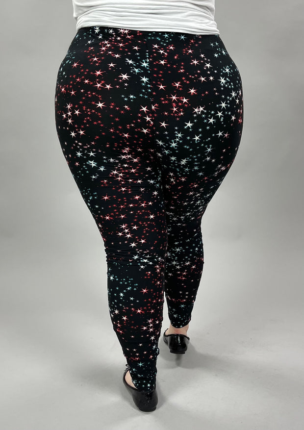 LEG-23 {Star Dreamer} Black/Red Star Print Leggings EXTENDED PLUS SIZE 3X/5X