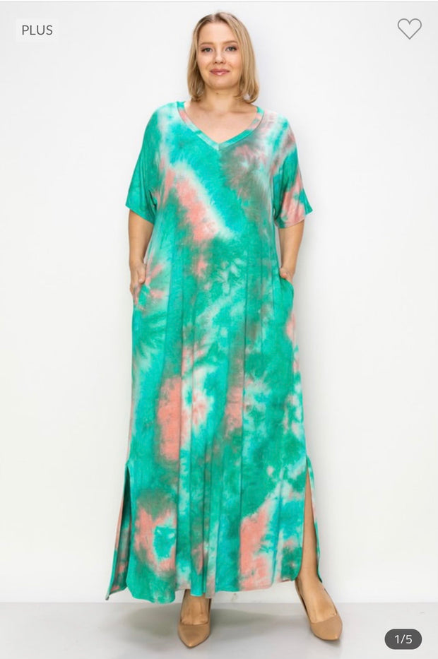 LD-M {Tie Dye For Days} Green ***SALE***Tie Dye V-Neck Long Dress EXTENDED PLUS SIZE 3X 4X 5X