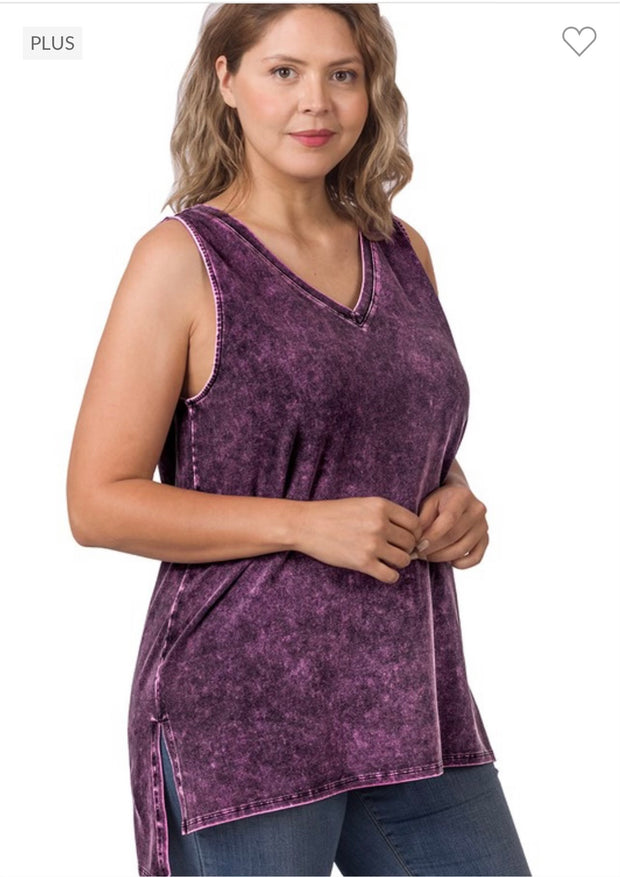 51 SV-I {Ease Along} Black Cherry Mineral Wash Sleeveless Top PLUS SIZE 1X 2X 3X