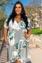 11 PSS-G {We Belong} Grey Floral Print Front Wrap Ruffle Dress PLUS SIZE XL 2X 3X