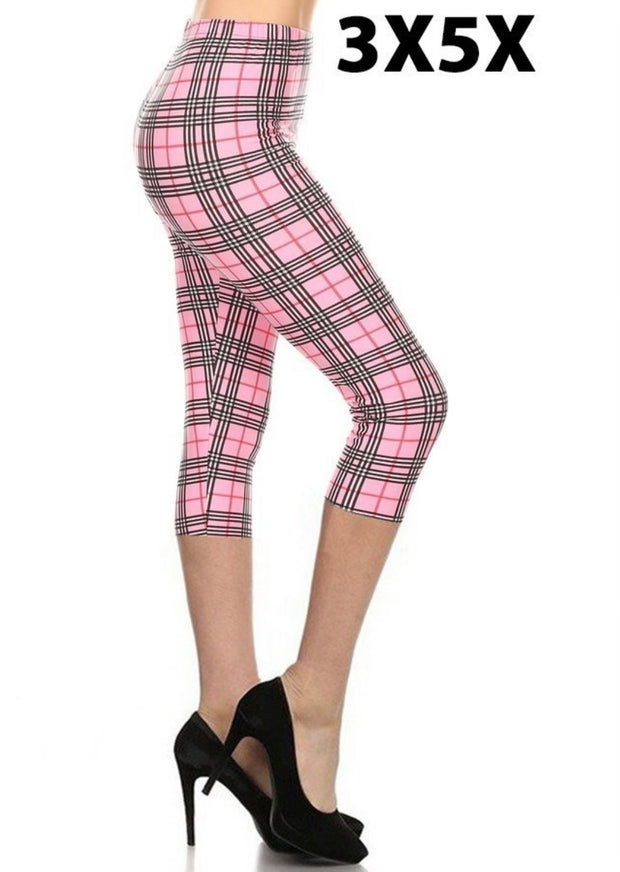 LEG- 60{Perfecting Plaid} Pink Plaid Butter Soft Capri Leggings EXTENDED PLUS SIZE 3X/5X