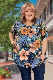 24 PSS-F {Can We Talk} Blue Floral Print V-Neck Top EXTENDED PLUS SIZE 3X 4X 5X