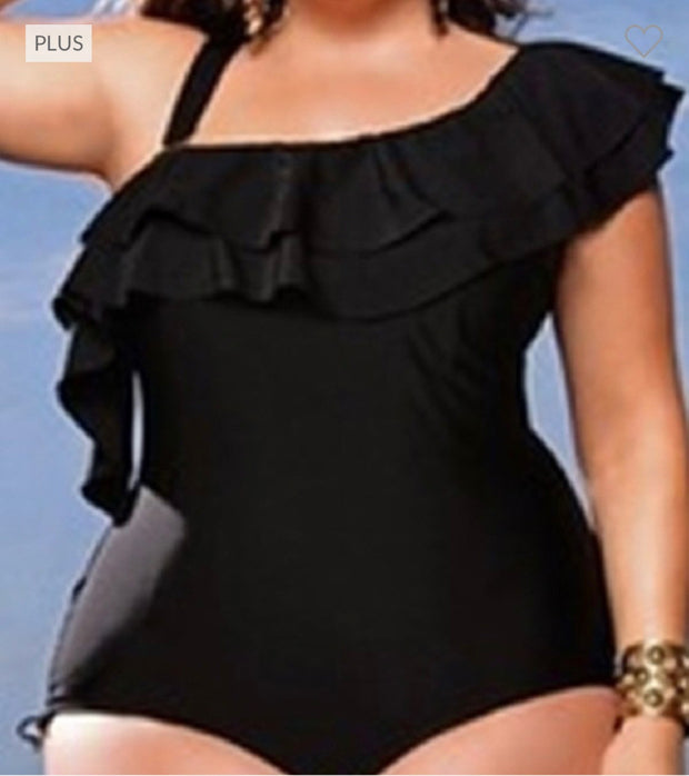 SWIM-A {One Shoulder Wonder} Black Ruffled One Piece Swimsuit PLUS SIZE 1X 2X 3X