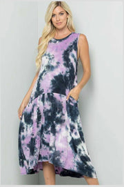 LD-B {Calming Vibes} Navy/Lavender Tie Dye Sleeveless Dress PLUS SIZE 1X 2X 3X SALE!!