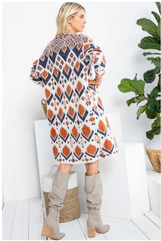 87 OT-A {Desert Vibe}  Rust/Navy Aztec Print Cardigan PLUS SIZE 1X/2X  2X/3X