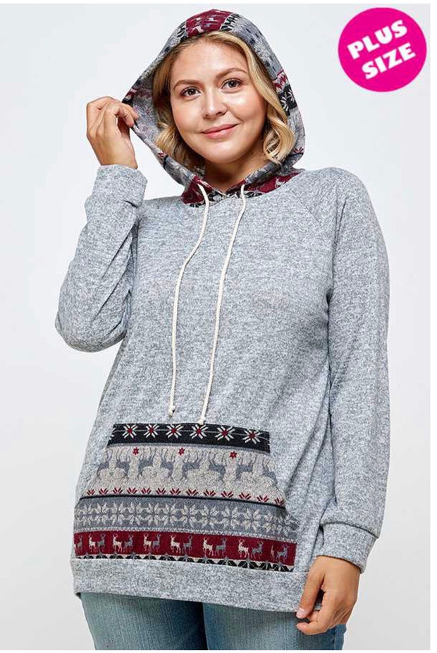 17 HD-B {Winter Chill} Grey Reindeer Print Hoodie SALE!! PLUS SIZE XL 2X 3X