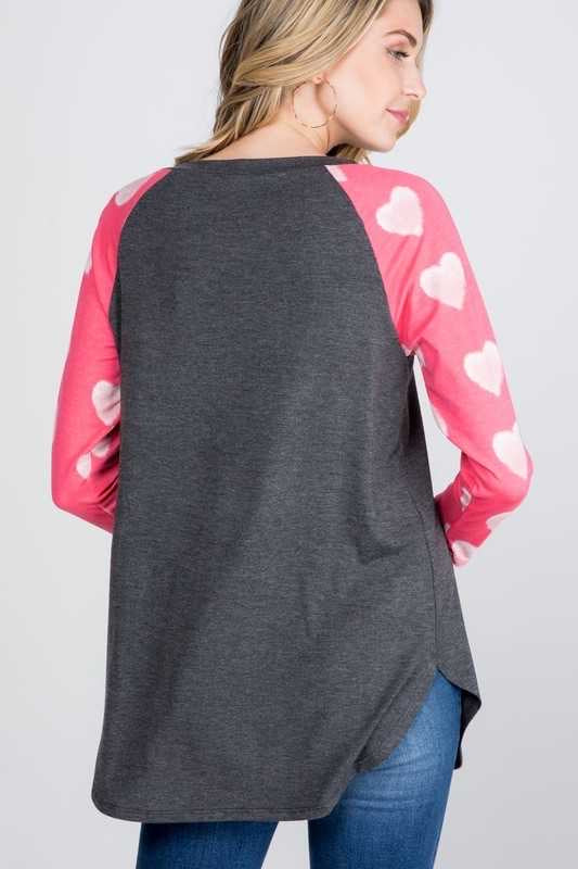 46 GT-A {Flirty Feelings} Charcoal With Pink Heart Sleeve Top PLUS SIZE XL 2X 3X