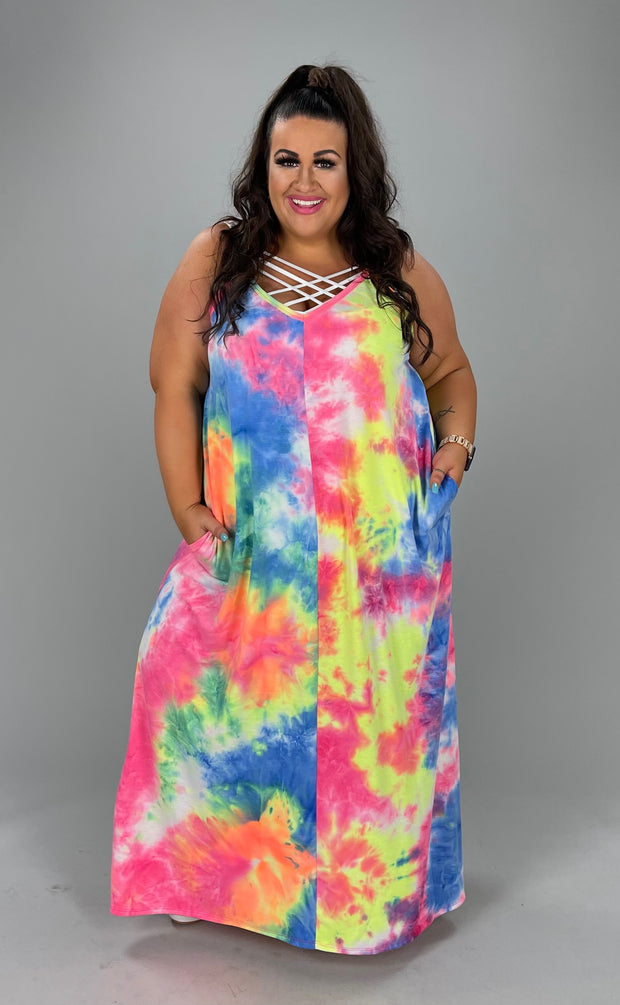 LD-O {The Fatima} Pink/Multi Color Tie Dye Maxi Dress PLUS SIZE 1X 2X 3X