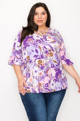 56 PQ-E {Good Days Ahead} Lilac Floral Caged Neck Tunic CURVY BRAND!!!  EXTENDED PLUS SIZE 4X 5X 6X