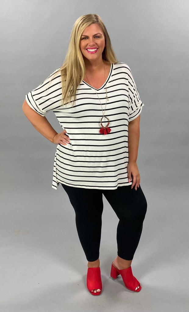 63 PSS-C {Good Energy}  SALE!! White Striped Top Cuffed Sleeves PLUS SIZE XL 2X 3X