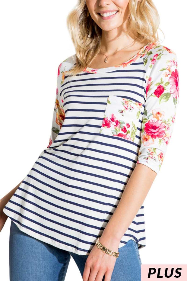 52 CP-D (Flirty Spring Fling) ***SALE***Ivory Stripe  Floral Tunic 1X 2X 3X Plus Size