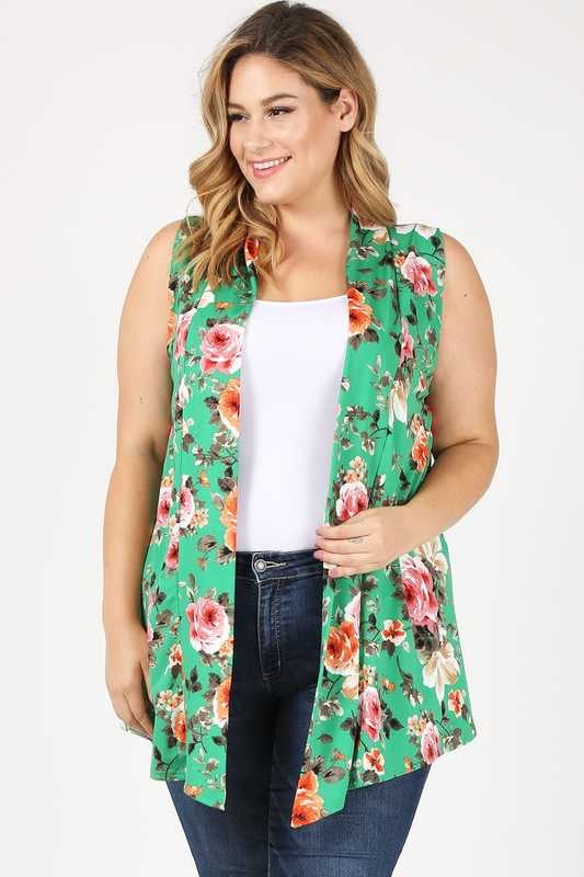 11 OT-K {Stroll Pretty} Green Floral SALE!!  Vest PLUS SIZE 1X 2X 3X