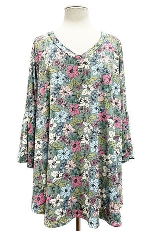 20 PQ-H {Explore My Garden} Sage Floral V-Neck Top PLUS SIZE XL 2X 3X