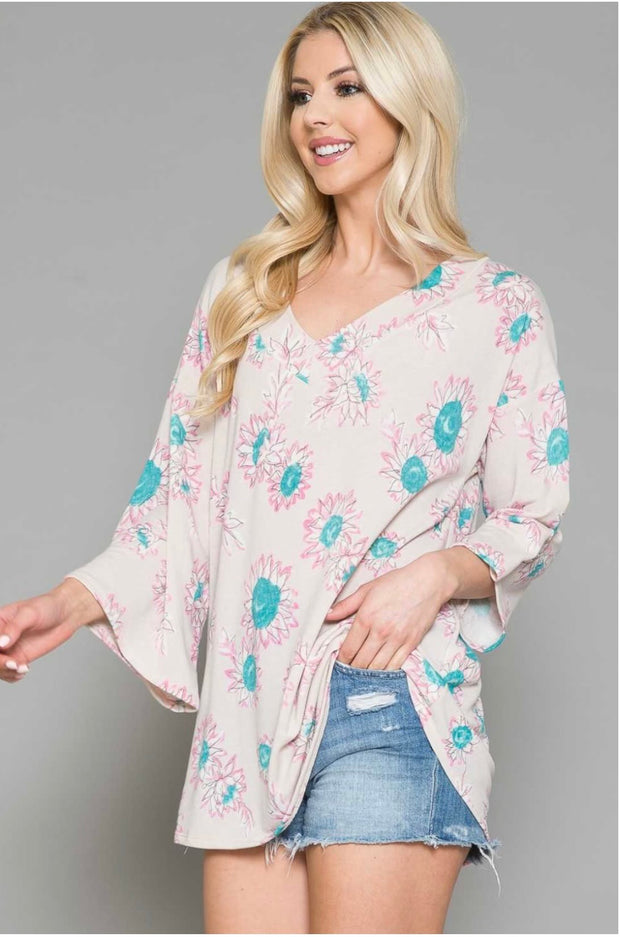 90 PSS-C {Following The Flower} ***SALE*** Taupe Floral Print Top EXTENDED  PLUS SIZE 4X 5X 6X