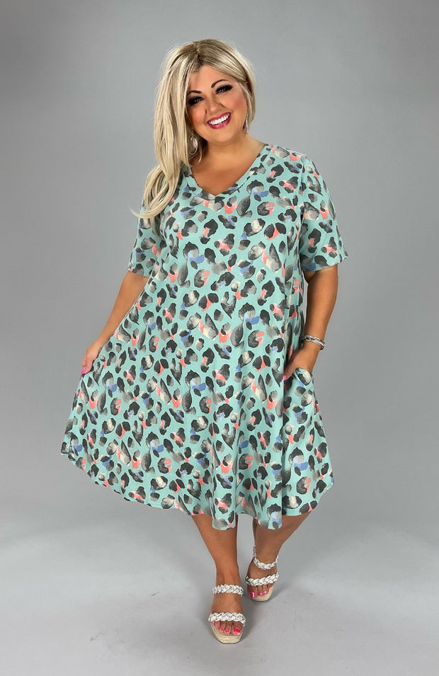 34 PSS-I {Finding The Joy} Mint Animal Print V-Neck Dress EXTENDED PLUS SIZE 3X 4X 5X