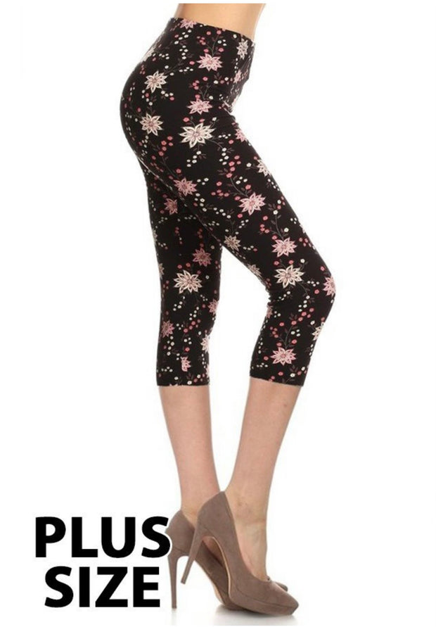 LEG-T {Beautifully Basic) Black Floral Butter Soft YOGA Banded Leggings Plus Size