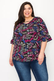 53 PQ-B {Hello Love} Black Script Print Tunic CURVY BRAND!!! EXTENDED PLUS SIZE 4X 5X 6X