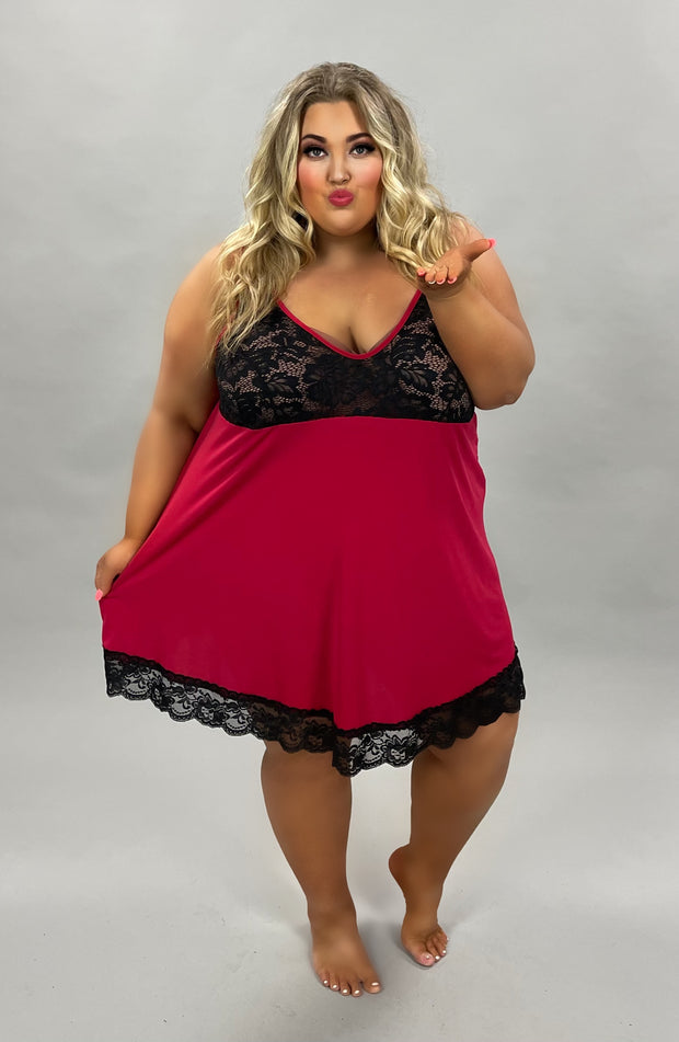 29 OR BT-C {Evening Delight} Deep Red Black Lace Chest Lingerie Gown CURVY BRAND EXTENDED SIZES 1X 2X 3X 4X 5X 6X