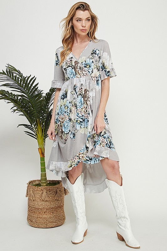11 PSS-G {We Belong} Grey Floral Print Front Wrap Ruffle Dress PLUS SIZE XL 2X 3X