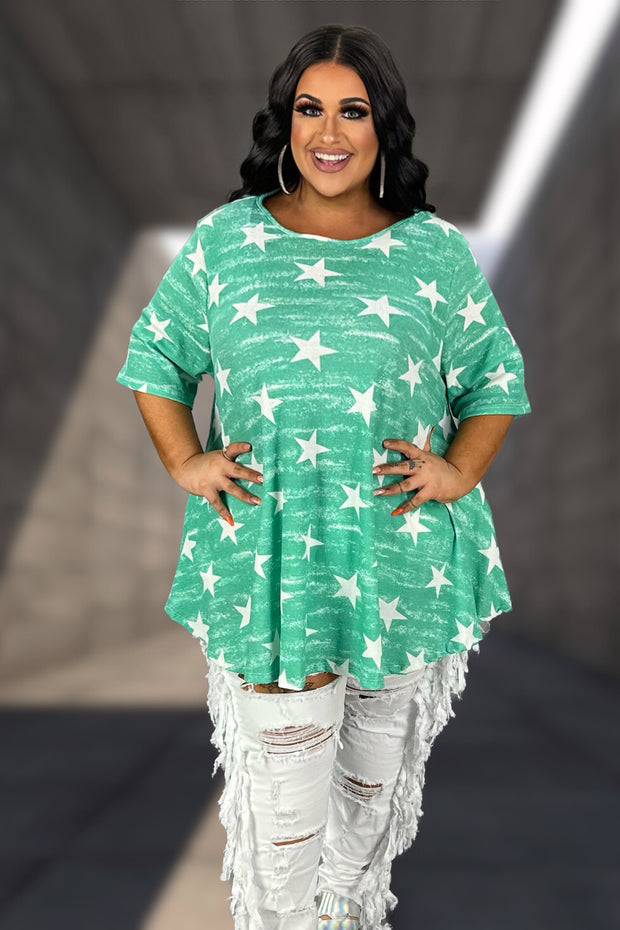 12 PSS-B {Future Star} Green Star Printed Top PLUS SIZE 1X 2X 3X