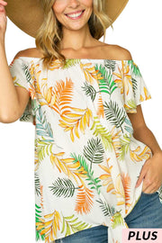 77 OS-J {Meet You Later} Ivory Leaf Print Top PLUS SIZE 1X 2X 3X