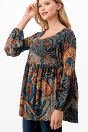 11 PLS-A {My World Now} Teal Paisley Babydoll Top PLUS SIZE 1X 2X 3X