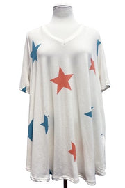 26 PSS-W {Reach For The Stars} Ivory Star Print V-Neck Top PLUS SIZE XL 2X 3X