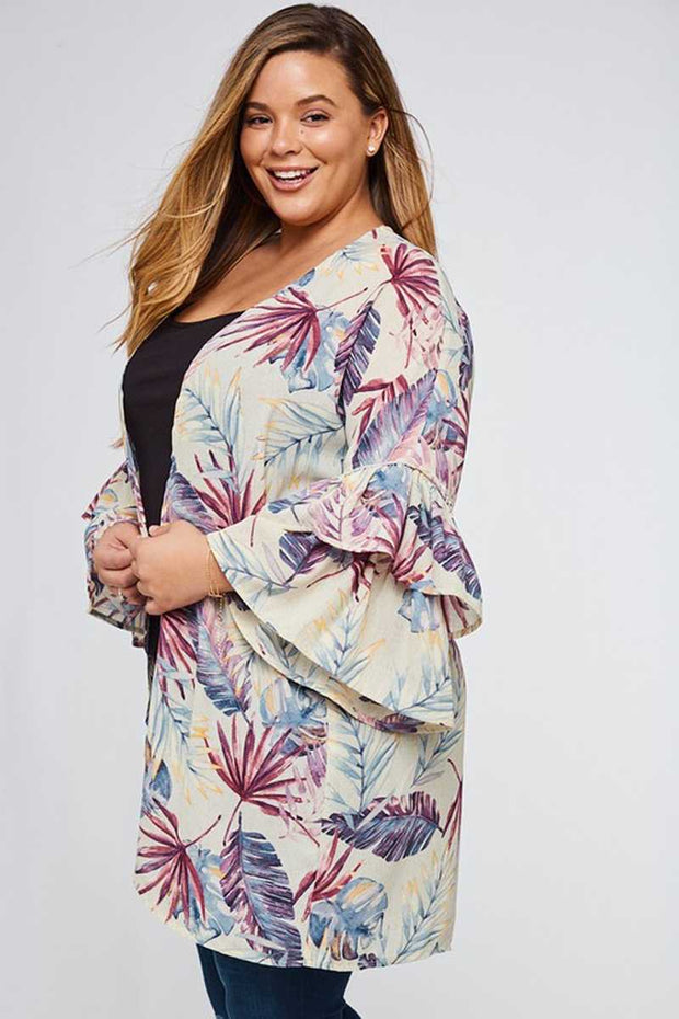 OT-H {I'm On Beach Time} Sangria/Navy/Mustard Cardigan With Palm Leaf Design SALE!!! PLUS SIZE 1X 2X 3X