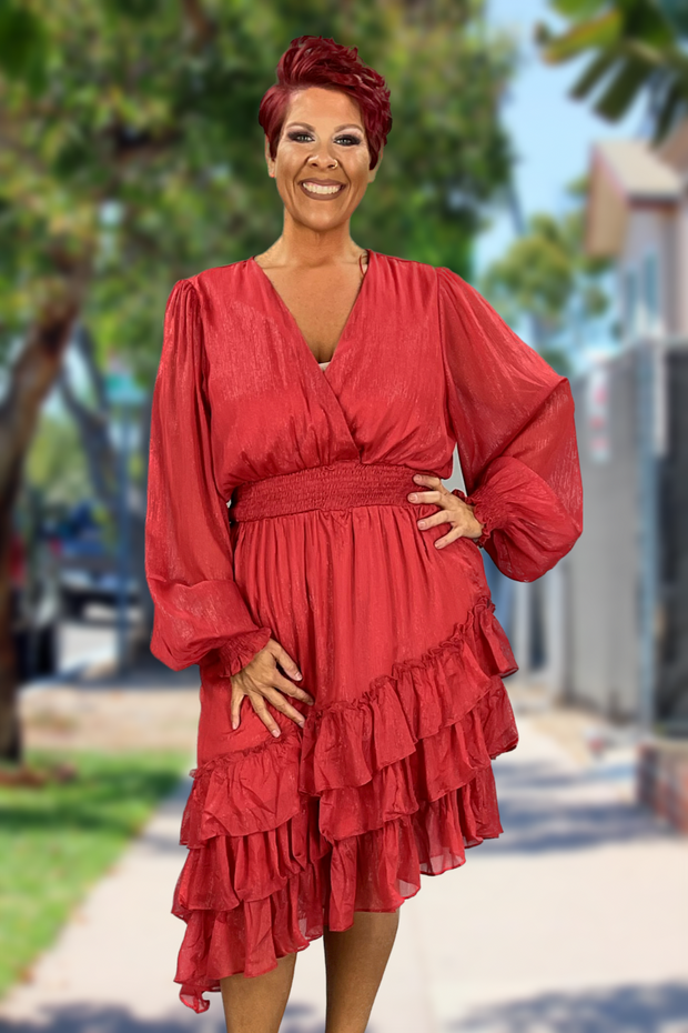 LD-G {Excited For This} Red Smocked Ruffle Hem Lined Dress PLUS SIZE 1X 2X 3X