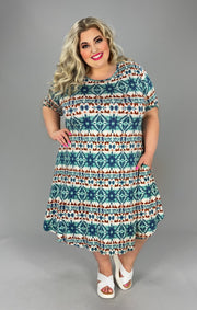 78 PSS-B {Throwing Shade} Rust/Teal/Ivory Print Dress EXTENDED PLUS SIZES 3X 4X 5X
