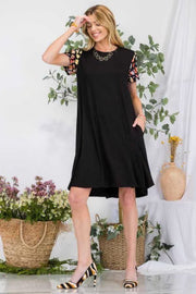 36 CP-A {Stroll Around Town}***SALE*** Black Dress W/Printed Sleeve PLUS SIZE 1X 2X 3X