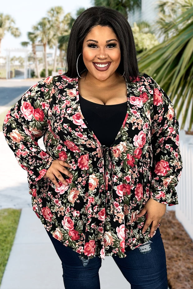 16 OT-A {Perfectly Mine} Black Floral SALE!!  Front Tie Cardigan PLUS SIZE XL 2X 3X