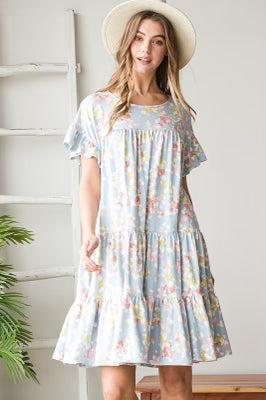 76 PSS-C {Floral Fields} Lt. BLUE Floral Tiered Dress PLUS SIZE 1X 2X 3X