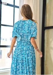 LD-B {Aqua Connection} Aqua Print Smocked Maxi Dress PLUS SIZE 1X 2X 3X