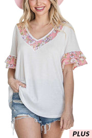 65 CP-A {Like A Dream} White Waffle V-Neck W Floral Detail PLUS SIZE 1X 2X 3X  SALE!!!!