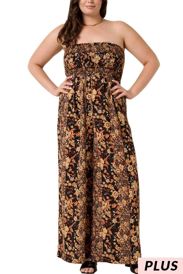 46 LD-Z {Luxe Standard} Brown Floral Smocked Romper PLUS SIZE XL 1X 2X