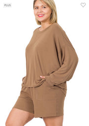 21 SET-I {The Good Life} Camel Long Sleeve Short Set PLUS SIZE 1X 2X 3X