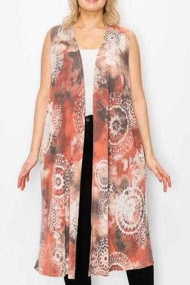 87 OT-T {Laughter And Love} Rust Print Long Vest W/Pockets EXTENDED PLUS SIZE 4X 5X 6X