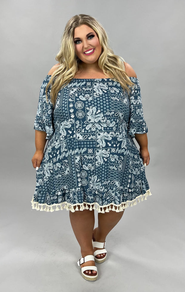 85 OS-A {Boho Paisley} BLUE ***FLASH SALE ! Paisley Top W/Fringe EXTENDED PLUS SIZE 4X 5X 6X