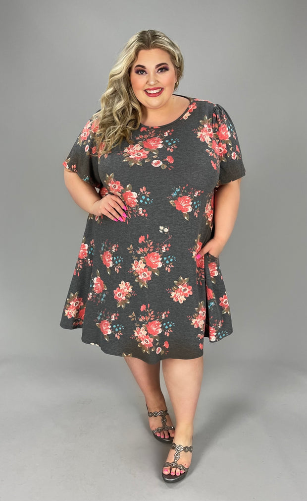 88 PSS-G {Roll Out The Coral} Grey/Coral Floral Dress EXTENDED PLUS SIZE 3X 4X 5X