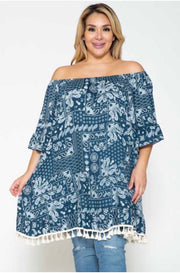 85 OS-A {Boho Paisley} BLUE ***FLASH SALE ! Paisley Top W/Fringe EXTENDED PLUS SIZE 4X 5X 6X