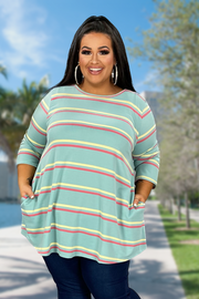 94 PQ-G {Sweet Moment Like This} Sage Stripe Print Top PLUS SIZE XL 2X 3X