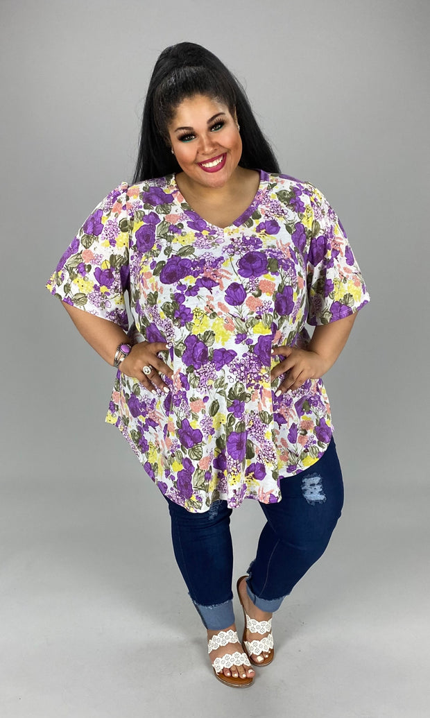 99 PSS-H {Sweet Inspiration} Purple ***SALE***Floral Print V-Neck Top PLUS SIZE 1X 2X 3X