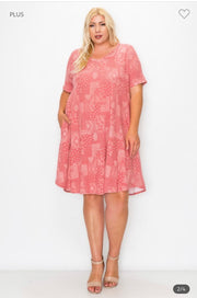 34 PSS- G {EasyTo See} Dusty Red Paisley V-Neck Dress EXTENDED PLUS SIZE 3X 4X 5X