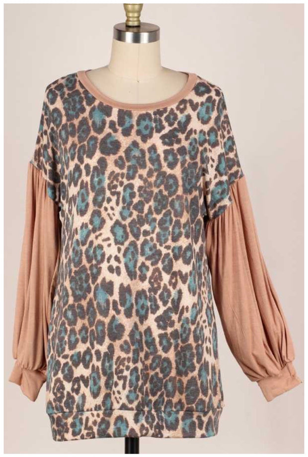 21 CP-B {Meant Well}  Mocha Teal Leopard Knit Top PLUS SIZE XL 2X 3X