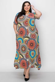 LD-M {Focus On Love} Multi-Color Mandala Print Maxi Dress EXTENDED PLUS SIZE 3X 4X 5X