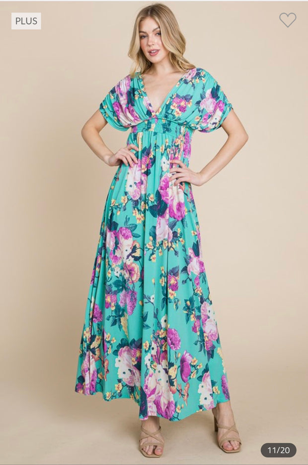 LD-Z & F {Mellow Moment} Emerald Floral Smocked Maxi Dress PLUS SIZE 1X 2X 3X